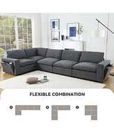 Gray Modular Sectional Sofa with Wireless Charging, Cup Holders, Book Storage