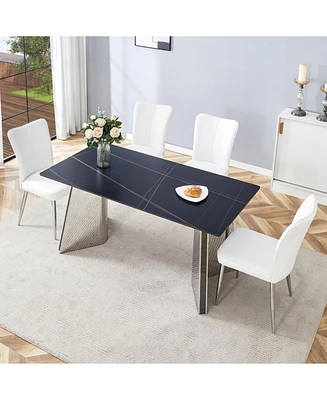 Black Marble-Patterned Table with Butterfly Legs & 4 Striped Pu Chairs