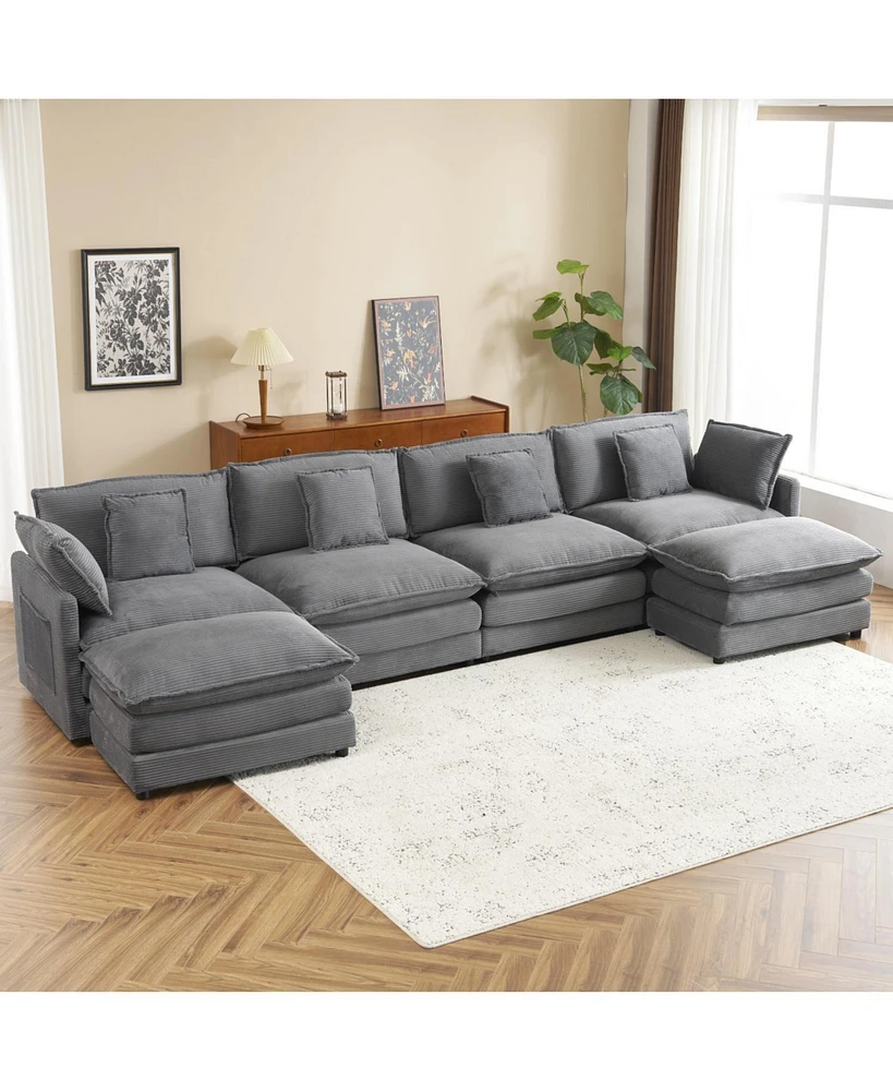 149.6" Modern Modular Corduroy Sofa with Storage Pockets