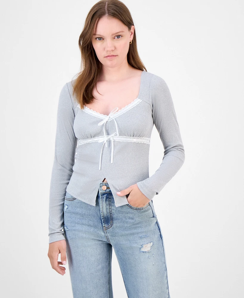 Just Polly Juniors' Lace-Trim Sweetheart-Neck Knit Top