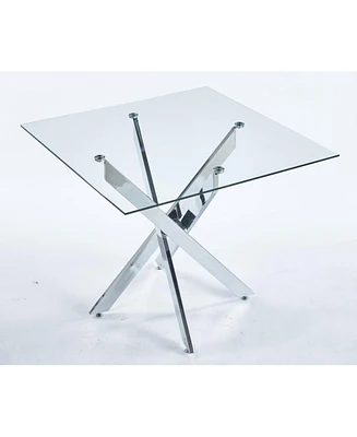 Modern Glass Dining Table with Cross Metal Legs (90x90x75cm)