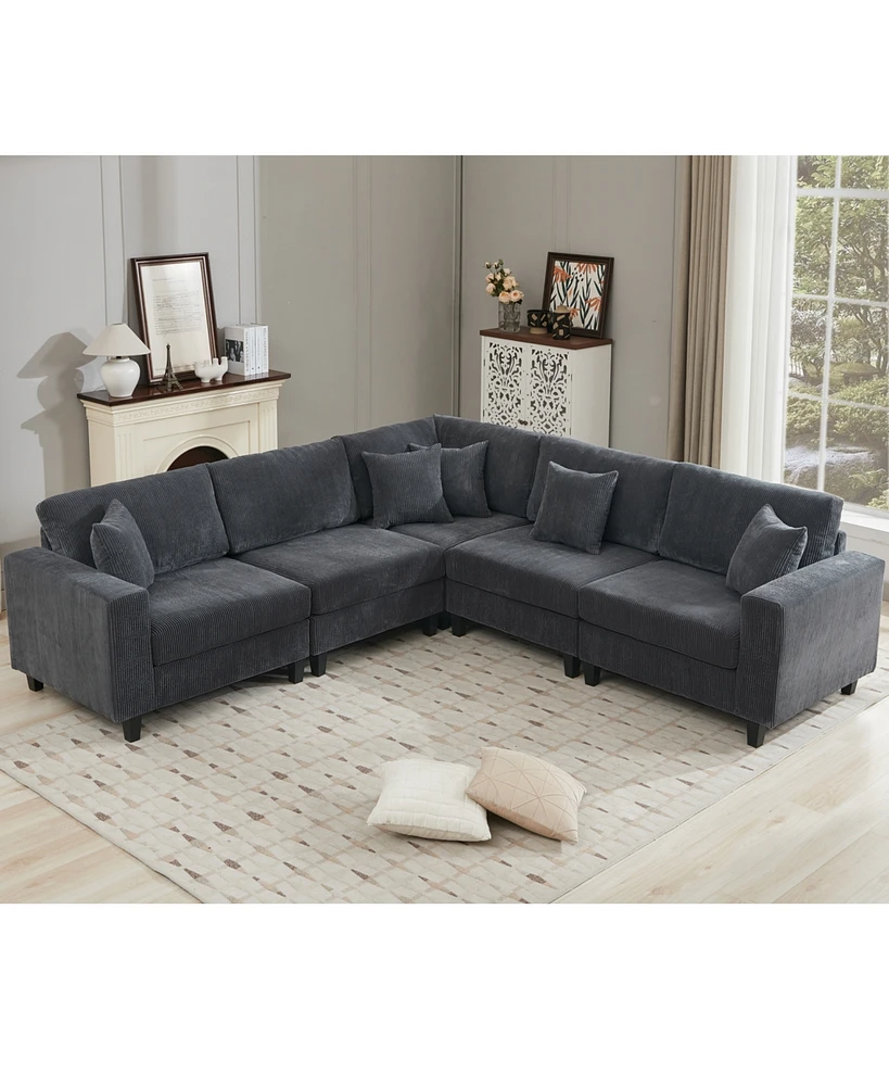 Oversized Modular Sectional Sofa, 5-Seat Corduroy U-Shaped Couch, 11 Cushions
