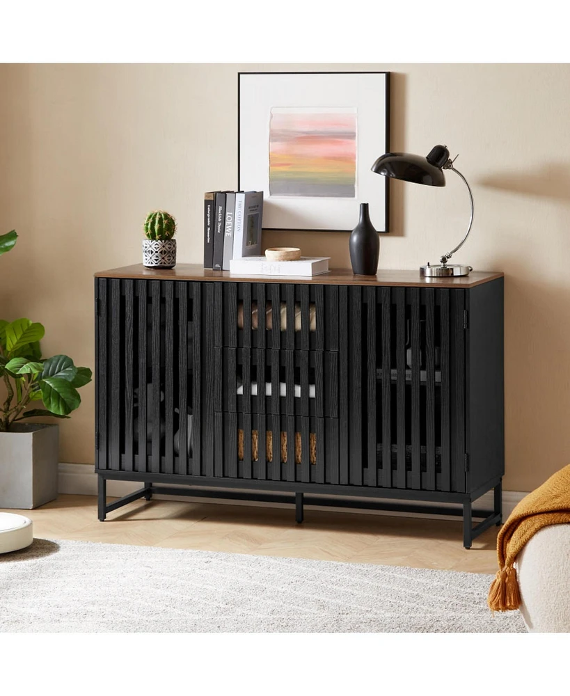3 Drawer and 4 Shelves Dresser with Slatted Grille Striped Drawer and doors, Modern Style Dresser, High-Quality Mdf and Metal Leg
