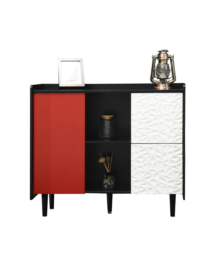Sideboard Buffet Cabinet, Black Storage Cabinet with Red Doors, 2 Drawers with unique panel styling and 2 Open Storage Compartment