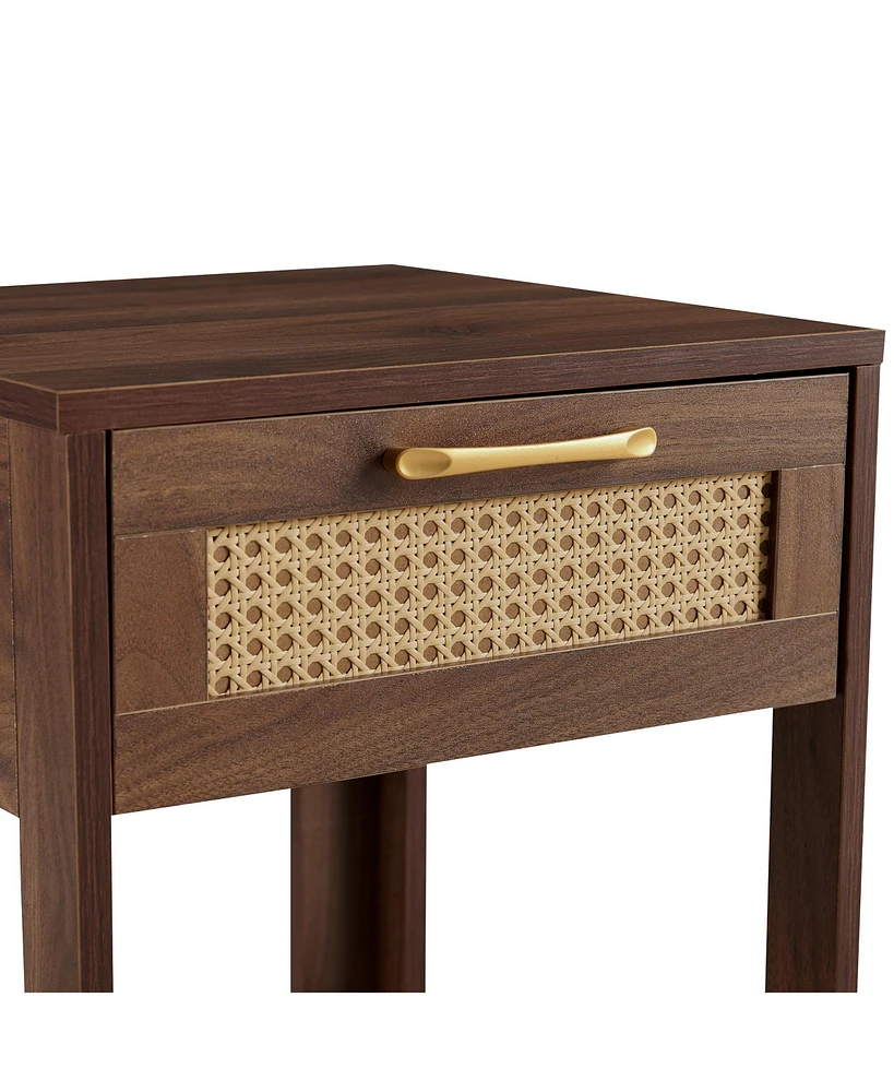 Pe Rattan End Table with Drawer, Modern Nightstand, Side Table for Living Room, Bedroom, Walnut Color
