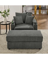 Modern Storage Sofa with Ottoman: Grey Corduroy Sofa with Device Chargers