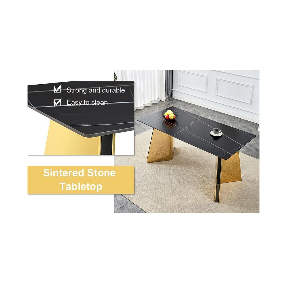 Black Sintered Stone Table & 6 Pu Chairs - Golden Accents