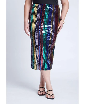 Eloquii Women's Rainbow Striped Sequin Midi Skirt