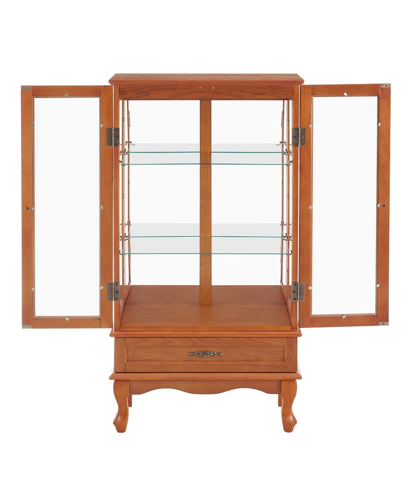 Lighted Glass Cabinet Glass Wine Cabinet Curio Display Cabinet with Adjustable Glass Shelves 2 Doors and 1 drawer Cabinet Bulb Included Oak