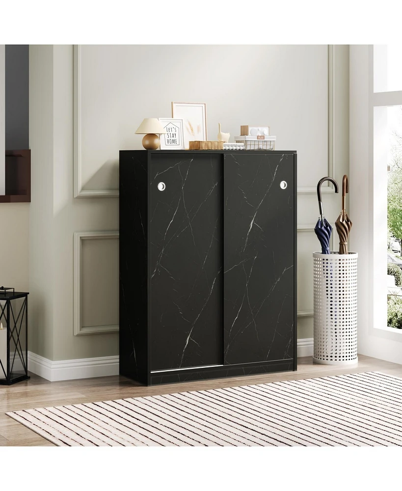 Marble black shoe cabient with sliding door have 6 layers can storage at least30 pairs shoes