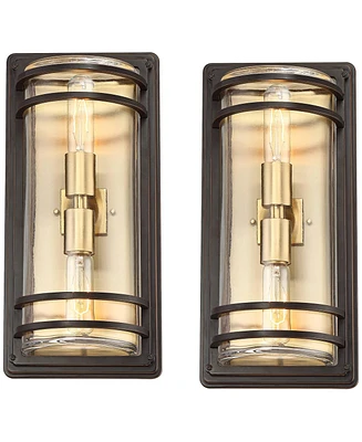 Habitat Modern Industrial Outdoor Wall Light Fixtures Set of 2 Bronze Warm Brass 16" Clear Glass Shade for Post Exterior Barn Deck House Porch Ya