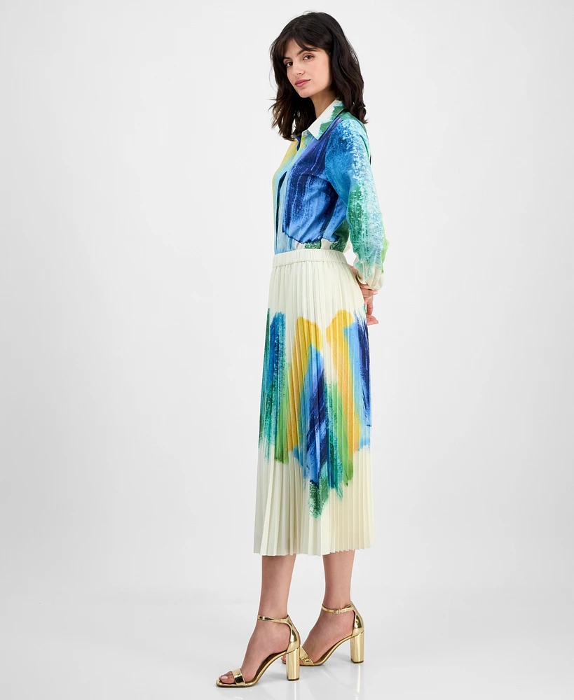 T Tahari Women's Brushstroke-Print Pleated Midi Skirt