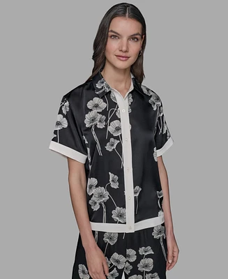 Karl Lagerfeld Paris Petite Short-Sleeve Multi-Print Camp Shirt