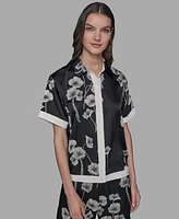 Karl Lagerfeld Paris Petite Short-Sleeve Multi-Print Camp Shirt