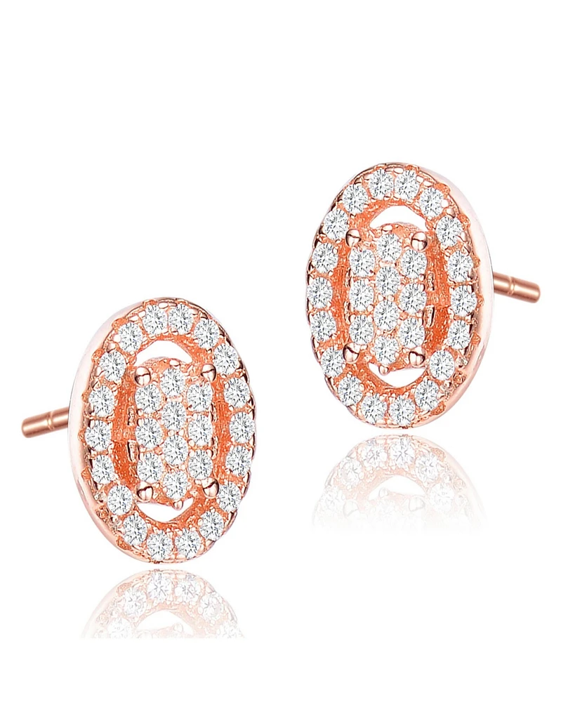 18K Rose Gold Plating with Clear Cubic Zirconia Halo Oval Stud Earrings