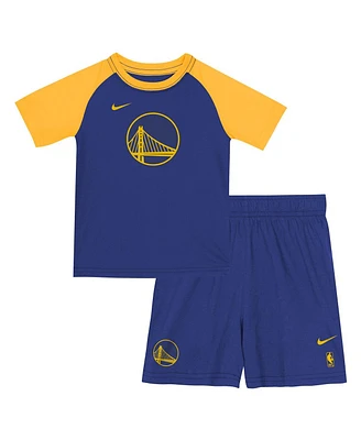 Nike Big Boys and Girls 2-Piece Royal Golden State Warriors Practice T-Shirt Shorts Set