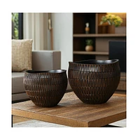 LuxenHome Brown with Black V-Pattern Polyresin -Inch Round Planter