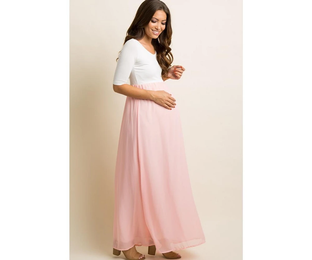 PinkBlush Petite Light Pink Chiffon Colorblock Maternity Maxi Dress
