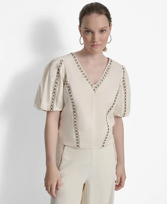 Dkny Women's Cotton Grommet-Trim Puffed-Sleeve Top