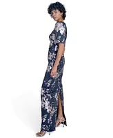 Jessica Howard Women's Petite Floral Print Short Sleeve Boat-neck Gown