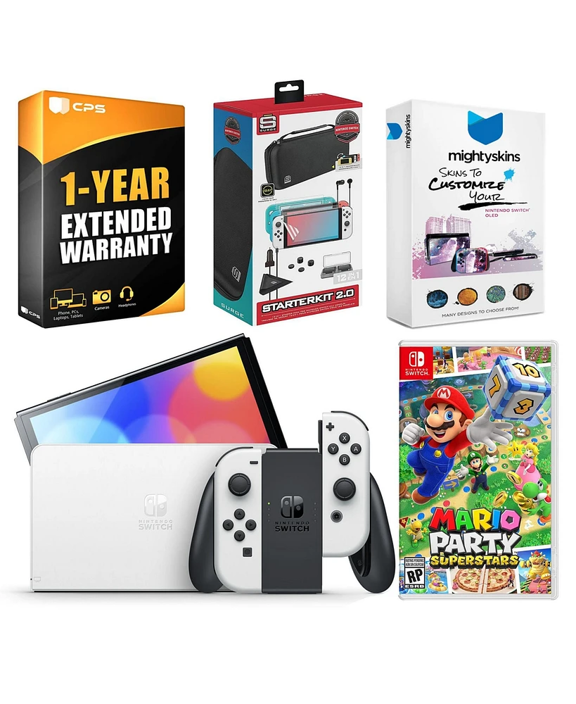 Nintendo Switch White Oled Console with Mario Party Superstars, Surge Accessory Gaming Kit, MightySkins Console and Controller Skin Voucher
