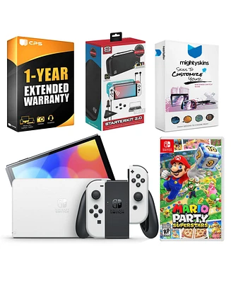 Nintendo Switch White Oled Console with Mario Party Superstars, Surge Accessory Gaming Kit, MightySkins Console and Controller Skin Voucher