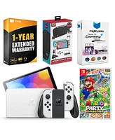 Nintendo Switch White Oled Console with Mario Party Superstars, Surge Accessory Gaming Kit, MightySkins Console and Controller Skin Voucher