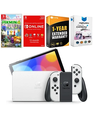 Nintendo Switch White Oled Console with Pikmin 4, Nso 12 Month Family Membership, MightySkins Console and Controller Skin Voucher