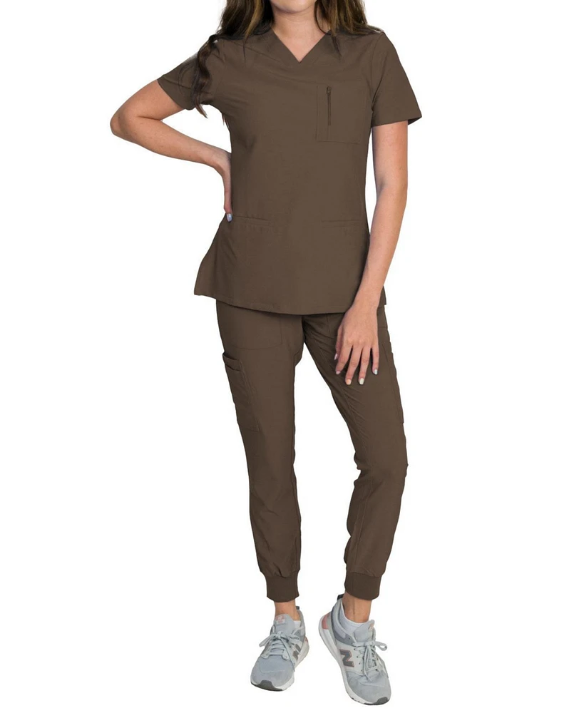 Medgear Women's Fleur Stretch Scrub Set with Zip Chest Pocket Top and Knit Rib Cuffs Jogger Pants