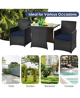 Gymax 3PCS Patio Wicker Bistro Set Pe Rattan Dining Table Set w/ Navy Cushions