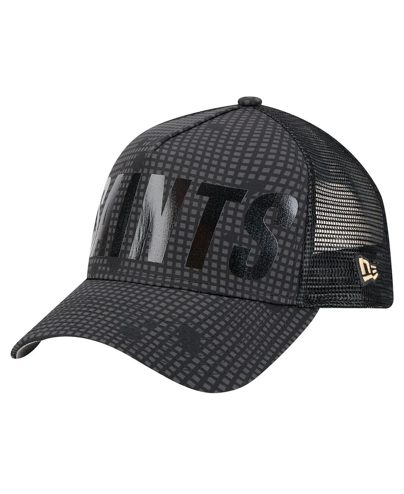 New Era Men's Black New Orleans Saints Midnight Ink Tonal Text A-Frame Trucker 9FORTY Adjustable Hat