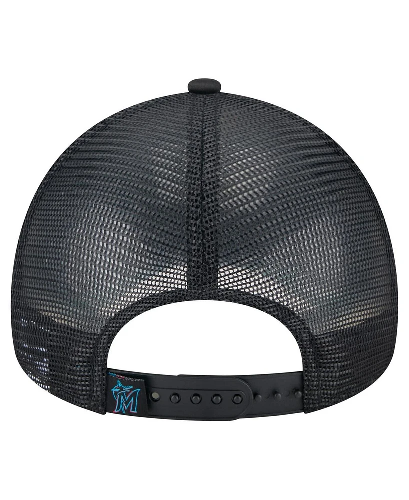 New Era Men's Black Miami Marlins Distressed 9FORTY A-Frame Adjustable Trucker Hat