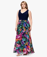 Xscape Plus V-Neck Sleeveless Printed-Skirt Gown