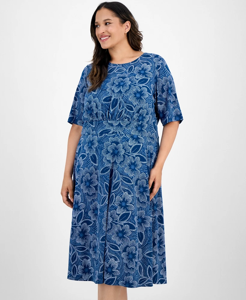 London Times Plus Short-Sleeve Printed Fit & Flare Midi Dress