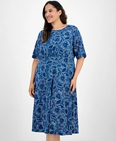 London Times Plus Short-Sleeve Printed Fit & Flare Midi Dress