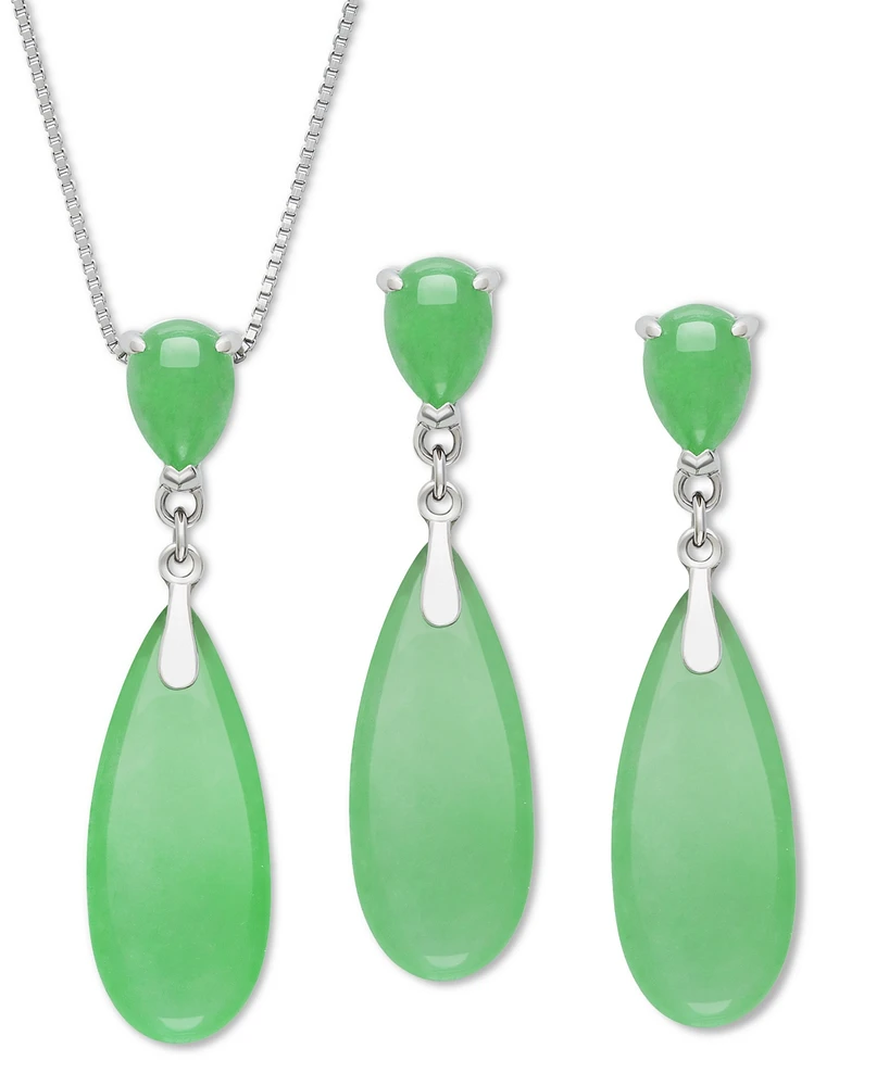 2-Pc. Set Dyed Green Jade Elongated Pear Pendant Necklace & Matching Drop Earrings in Sterling Silver