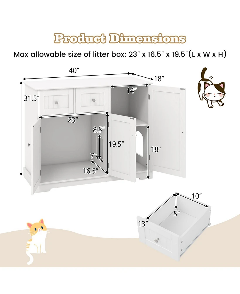 Cat Litter Box Enclosure with 2 Drawers and 3 Doors for Kittens and Adult Cats