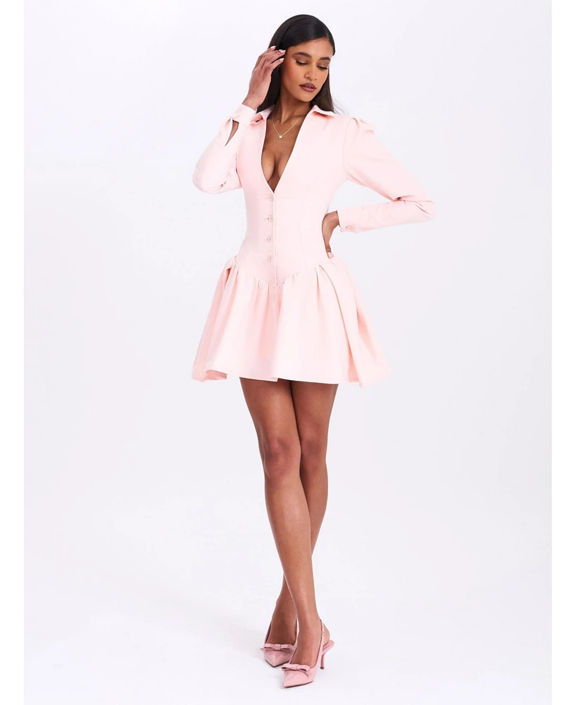Miss Circle Women's Xabrina Macaron Pink Long Sleeve Shirt Mini Dress