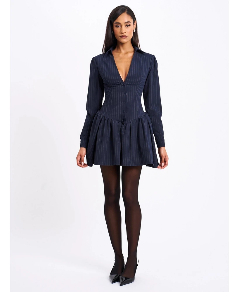 Miss Circle Women's Xabrina Navyblue Pinstripe Long Sleeve Shirt Mini Dress