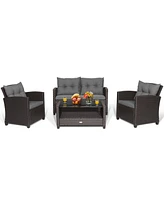 4 Pieces Patio Rattan Conversation Furniture Set with Glass Top Coffee Table