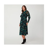 Estelle Foliage Whisper Green Black Floral Mesh Midi Dress