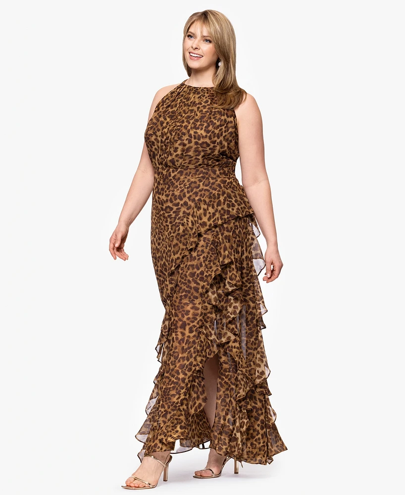 Betsy & Adam Plus Printed Halter Long Sheath Dress