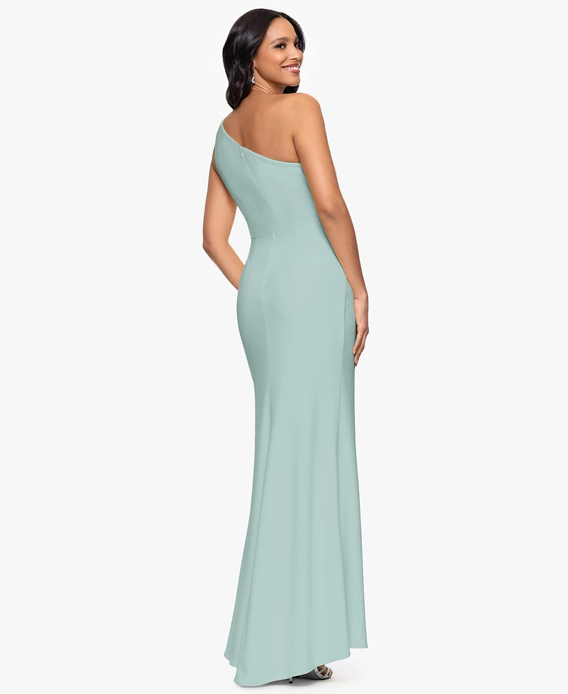 Betsy & Adam Petite One-Shoulder Ruched Gown