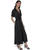 Karl Lagerfeld Paris Women's Belted Satin Shirtdress With Collared Neck