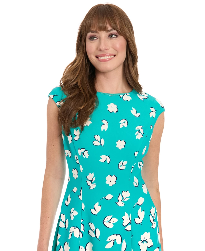 London Times Women's Printed Cap-Sleeve Fit & Flare Dress