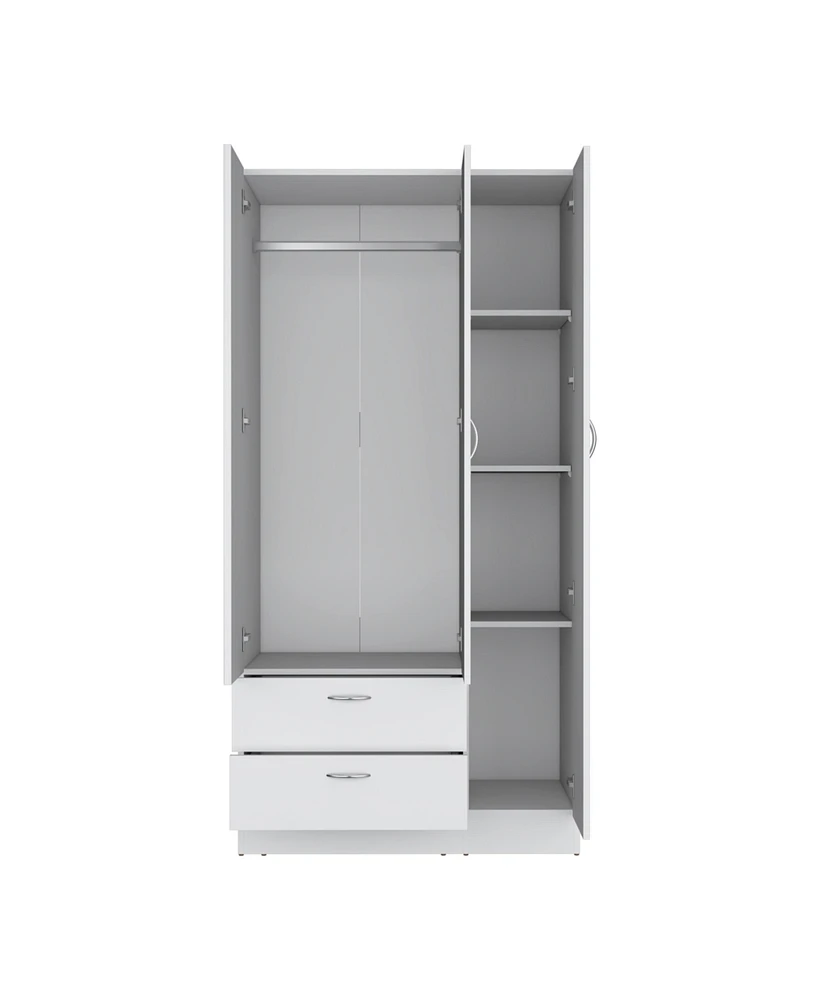 Troy wardrobe with 3 doors, one with mirror, two drawers, four shelves and hanging bar,White