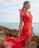 Xscape Petite Flutter-Sleeve High-Low Dress