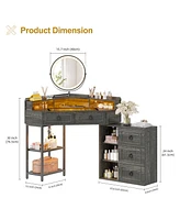 Vlsrka Corner vanity desk with mirror, three-color Led lights, and charging station.