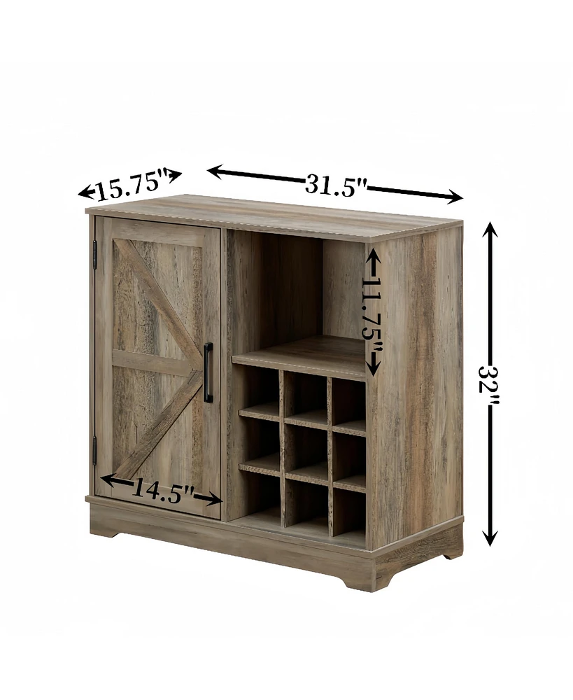 Farmhouse Kitchen Cabinet with Wine Rack Barn Door with Drawer
