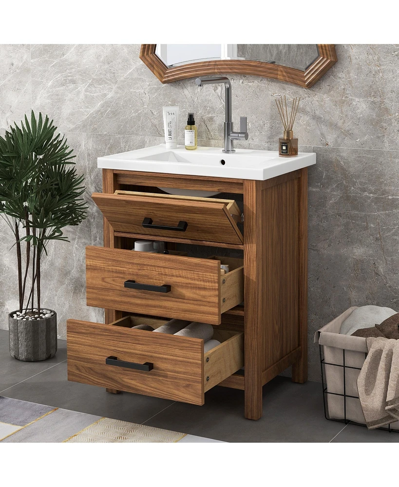 Casainc 24" Freestanding Vanity with Ceramic Sink, Cabinet with 3 Drawers